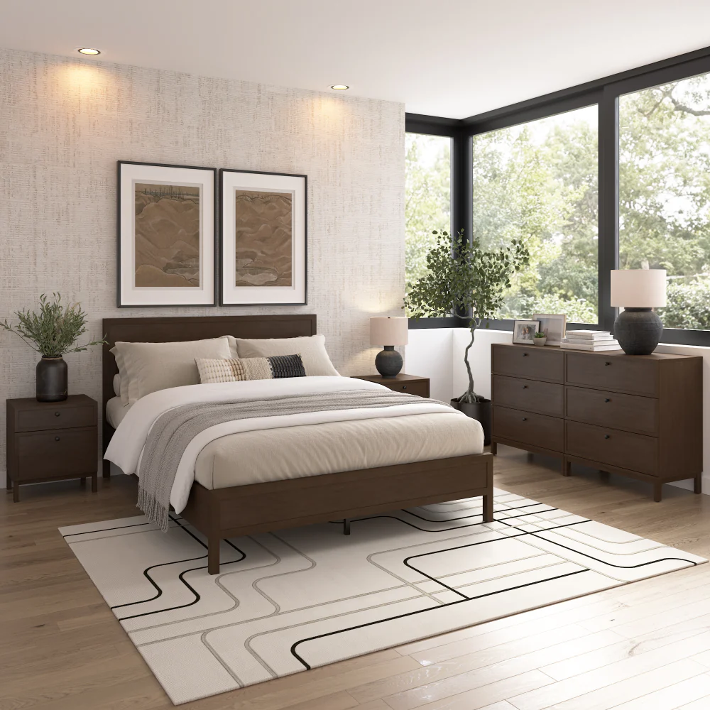 Bush Home Avery Queen Platform Bed with 3 Drawer Dresser and Nightstand Set